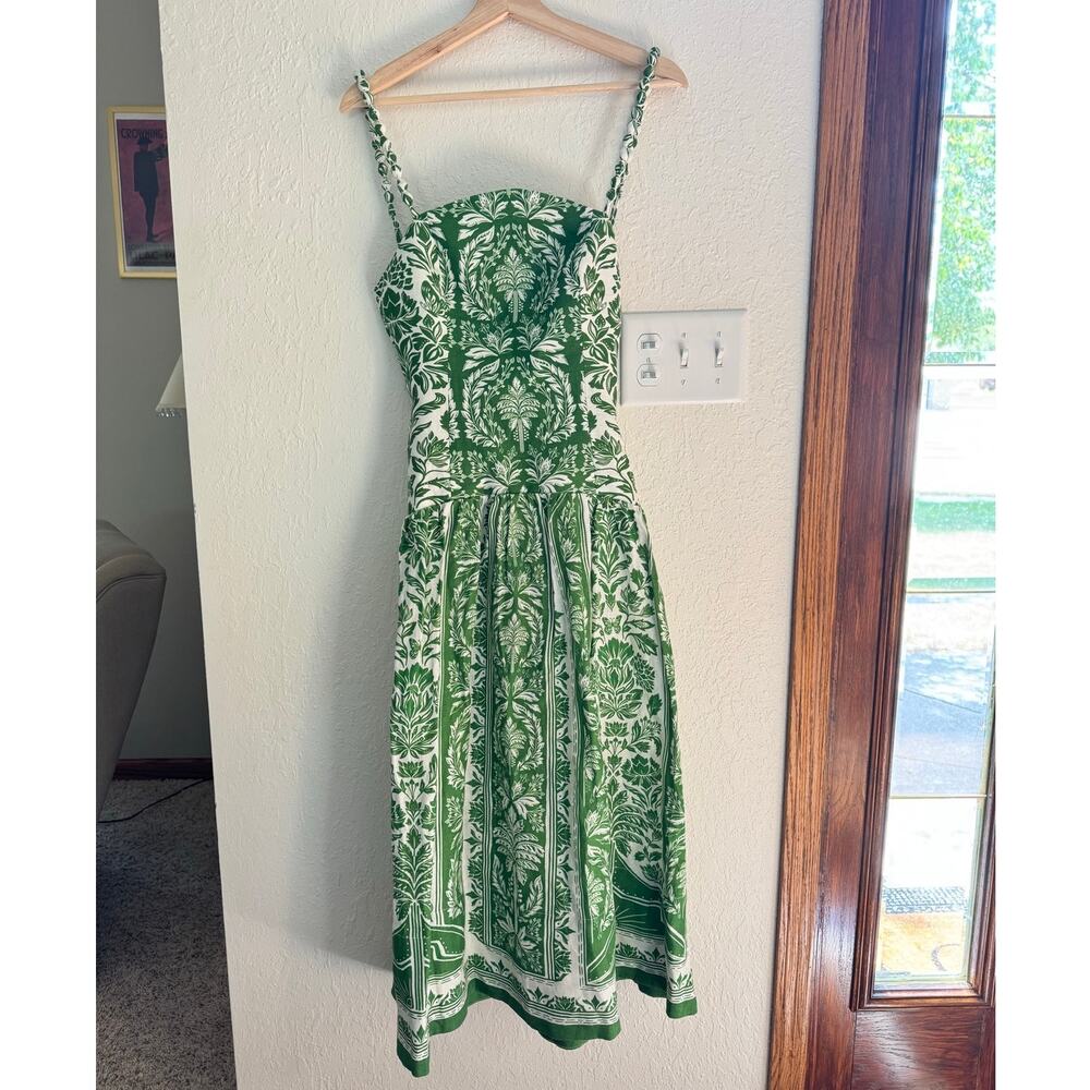 FARM RIO Delicate Tapestry Green Linen Midi Dress Size Small NEW - Picture 6 of 13